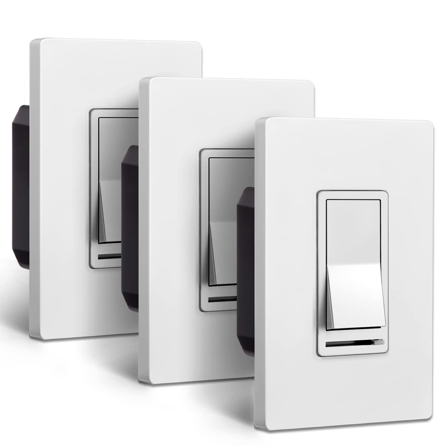 BESTTEN 3 Pack Dimmer Light Switch, Single Pole or 3 Way Dimmable Light Switch for Incandescent or Halogen Bulbs, CFL and LED Lamps, White
