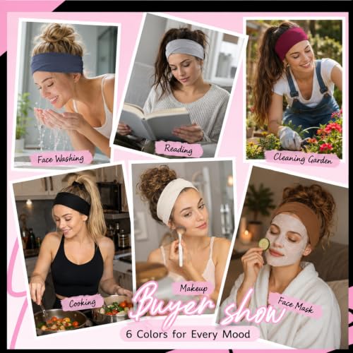 Huachi Headbands for Women Non Slip Wide Elastic Sports Sweatband Headband | Soft Stretchy Hair Bands for Yoga, Workout, Running & Daily Use, 6 Pack Thick Head Bands