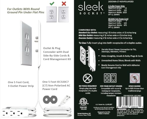 Sleek Socket Original & Patented Ultra-Thin Outlet Concealer with Cord Concealer Kit, 5 Foot A/C Power Cord and C7 or C13 Connector for TV, and 5 Foot Cord, 3 Outlet Power Strip by sleek socket - Image 2
