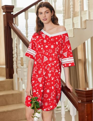 Image of Ekouaer Nightgowns for Women 2 Pack Sleepshirts Short Sleeve Nightshirt V Neck Sleepwear Casual Pajama Dress