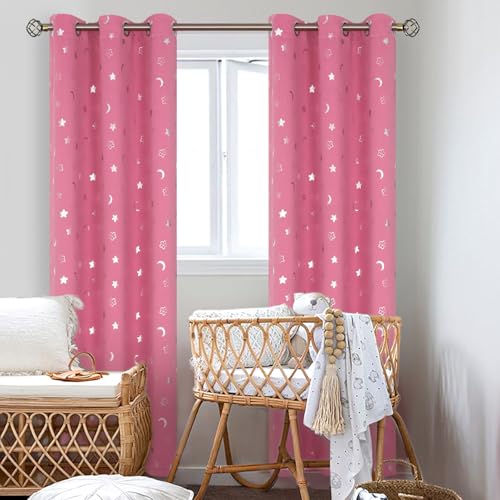 Image of BGment Kids Curtains for Bedroom 84 Inch Length 2 Panels Set, Star and Moon Blackout Curtains for Boys Room Decor, Nursery Thermal Insulated Room Darkening Curtains with Grommet, 38 Wide, Pink