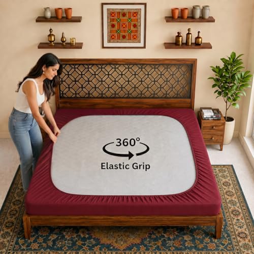 Image of Lithara Terry Cotton Fitted Mattress Protector for Single Bed | Waterproof & Elastic Band | Ultra Soft & Hypoallergenic Mattress Cover | Size : 36 x 78 Inches (3 x 6.5 Feet) | (Wine Red)
