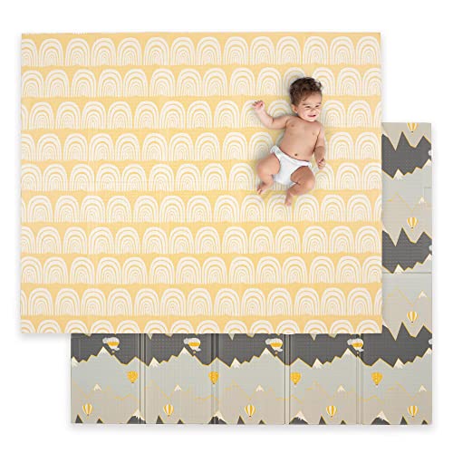 Image of JumpOff Jo - Large Waterproof Foam Padded Play Mat for Infants, Babies, Toddlers, Play Pens & Tummy Time, Foldable Activity Mat, 70 in. x 59 in. - Hot Air Balloons & Yellow Rainbow