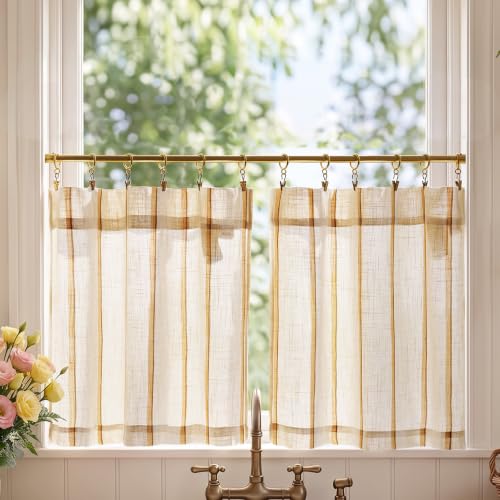 jinchan Linen Striped Tier Curtains for Kitchen Windows Farmhouse