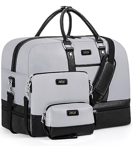 Image of Weekender Bag for Women, Large Overnight Bag Canvas Travel Duffel Bag Carry On Tote with Shoe Compartment 21 inch 3Pcs Set, A19-black+dark Grey, Large, Practical and Fashion