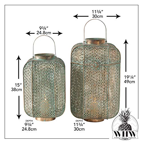 Moroccan Temple Lanterns, Set Of 2, Hurricanes, Vintage, Petal Patterned Lattice Bellies, For Led Or Wax Candles, Patina Finish Brass, Metal, Hinged Top, 19.25 And 15 Inches Tall #TOP5