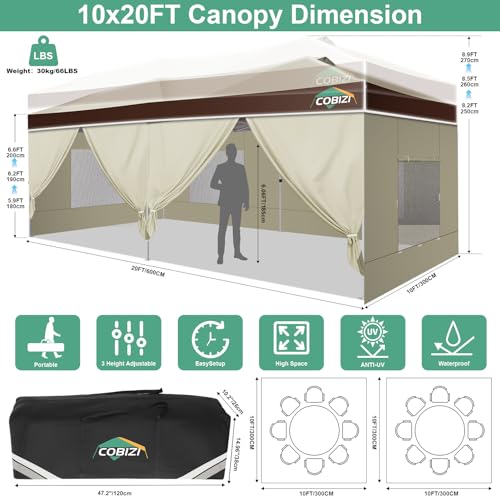 Image of COBIZI 10x20 Pop Up Canopy Tent with Sidewall,Outdoor Canopy,Dark Brown