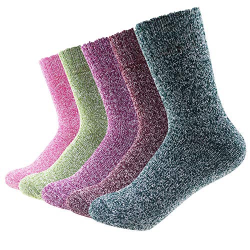 Womens Winter Warm Thick Socks, 5 Pairs Wool Soft Knit Fuzzy Casual Heated Socks, Wool pure colour Vintage Winter Socks