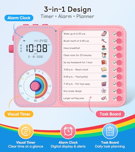 Image of 3-in-1 Visual Timer & ADHD Tool for Kids - ADHD Task Timer for Adults with Visual Schedule, Chore Chart & Planning Board for Home, School, Classroom, Work (Pink)