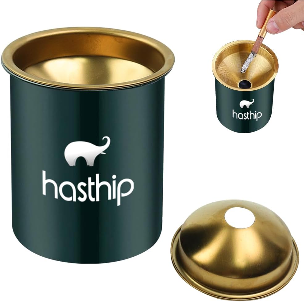 HASTHIP® Stainless Steel Ashtray, Green Windproof Ashtray with Funnel Lid, Car Ash Tray Table Ash Tray for Home Office, 3.9 x3.9 x3.9 inches (Green)
