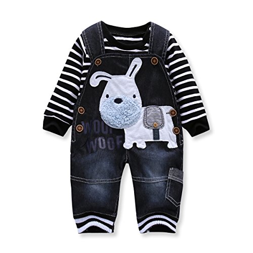 LvYinLi Cute Baby Boy Clothes Suit Toddler Boys' Striped Long Sleeve T-Shirt+Denim Overalls Jumpsuit Pants Outfits Sets (9-14 Months, Black)