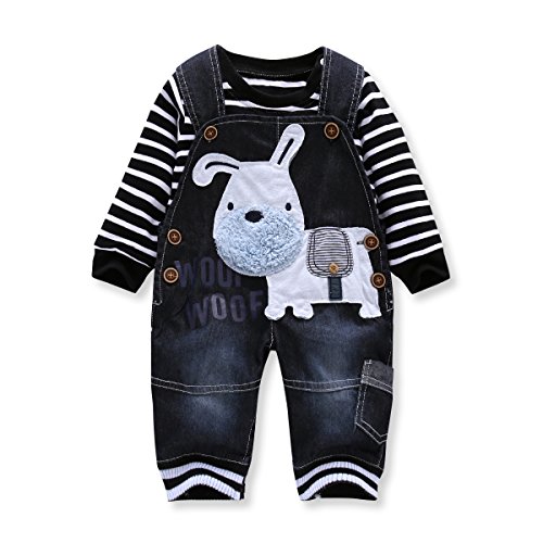 LvYinLi Cute Baby Boy Clothes Suit Toddler Boys' Striped long Sleeve T-Shirt+Denim Overalls Jumpsuit Pants Outfits Sets (3-8 months, Dark Black)