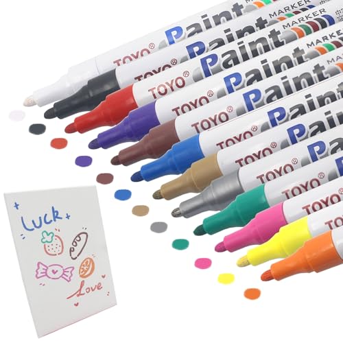 SHENSAIGO 12 Stück Permanent Marker Set, 12 Farben Marker Stifte mit Kleine Reißbrett, Paint Marker Wasserfeste Stifte, Schnell Trocknend Lackstift für Stein Karton Kunststoff Holz Metall