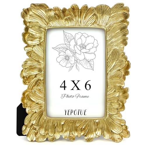 YEPOTUE 4x6 Vintage Picture Frame Gold, Ornate Leaves Photo Frame