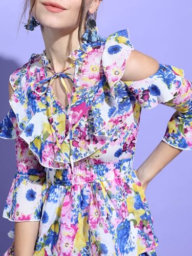 Image of Tokyo Talkies Women's Graceful Floral Ruffle Short Dress with Elegant Elbow-Below Sleeves Perfect for Brunches, Vacations & Stylish Outings