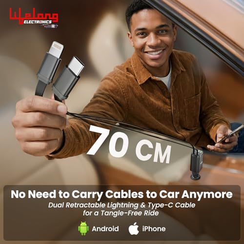 Image of Lifelong Electronics 5-in-1 Car Charger Adapter | 2 Retractable Cables (Type-C & Lightning) + 3 Ports (USB A + 2 Type C) | LED Display | Flexible Head | Charging for iPhone, Android & All Devices