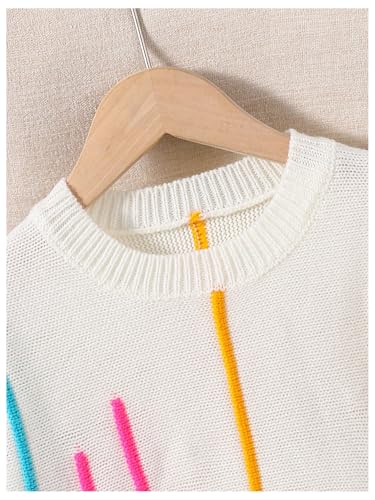 WDIRARA Girl's Rainbow Asymmetrical Tassels Round Neck Long Sleeve Loose Knit Sweater3
