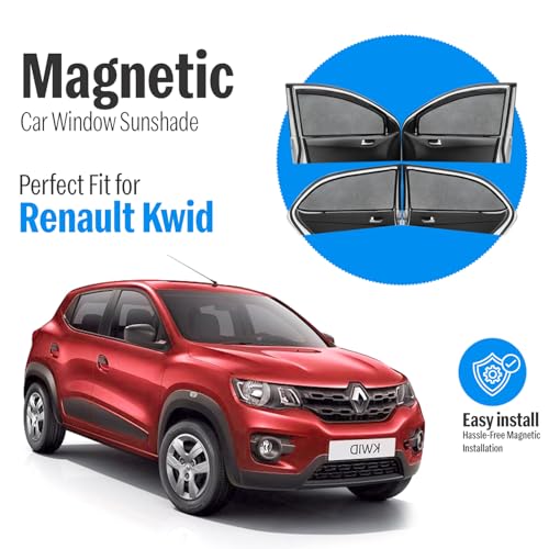 Image of Autofact Magnetic Car Sunshades Compatible with Renault Kwid (Set of 4) - Easy Installation, UV Protection, Keeps Car Cool (Front 2 with Zippers for Easy Access, Rear 2 Without Zippers)