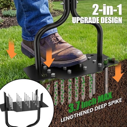 Lawn Aerator Tool, 40 Inch Heavy Duty Manual Lawn Aerator, 16 Iron Spikes Metal & 4 Hollow Slots, Upgraded Exhaust Loosening 2-in-1,Garden Cleaning Hand Tool for Yard, Revives Lawn Health - 1