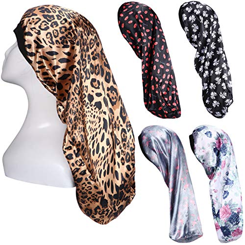 5 Pieces Long Satin Sleep Cap Long Hair Bonnet Loose Sleeping Cap with Soft Elastic Band for Women Dreadlocks Curly Hair (Flaming Lips, Peony, Leopard Print)
