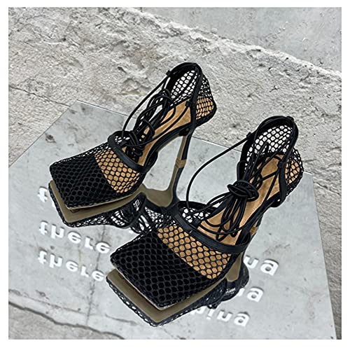 XLH Women Mesh Pumps Sandals Female Square Toe High Heel Lace Up Cross-Tied Stiletto, Open Toe Strappy Heel Dress Sandal Pumps,Black,43