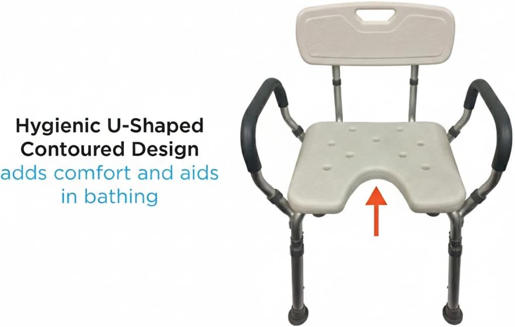 NOVA Bath & Shower Seat w/U-Shaped Hygienic Cutout & Padded/Removable Arms & Back - for Seniors, Handicap & Medical Use, Adjustable Height, Aluminum Frame, Non-Skid Safety, Tool-Free, 300lb Capacity