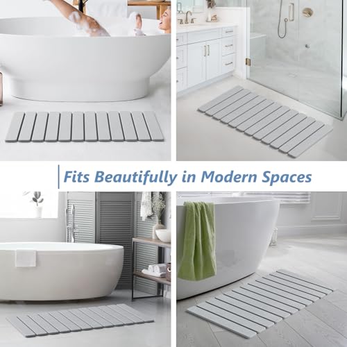 Image of AWW Foldable Stone Bath Mat, Diatomaceous, 31.5 inchx15.7 inch, Light Grey | Quick-dry surface, super absorbent, easy-clean finish, non-slip mat included, and compact storage for small bathrooms