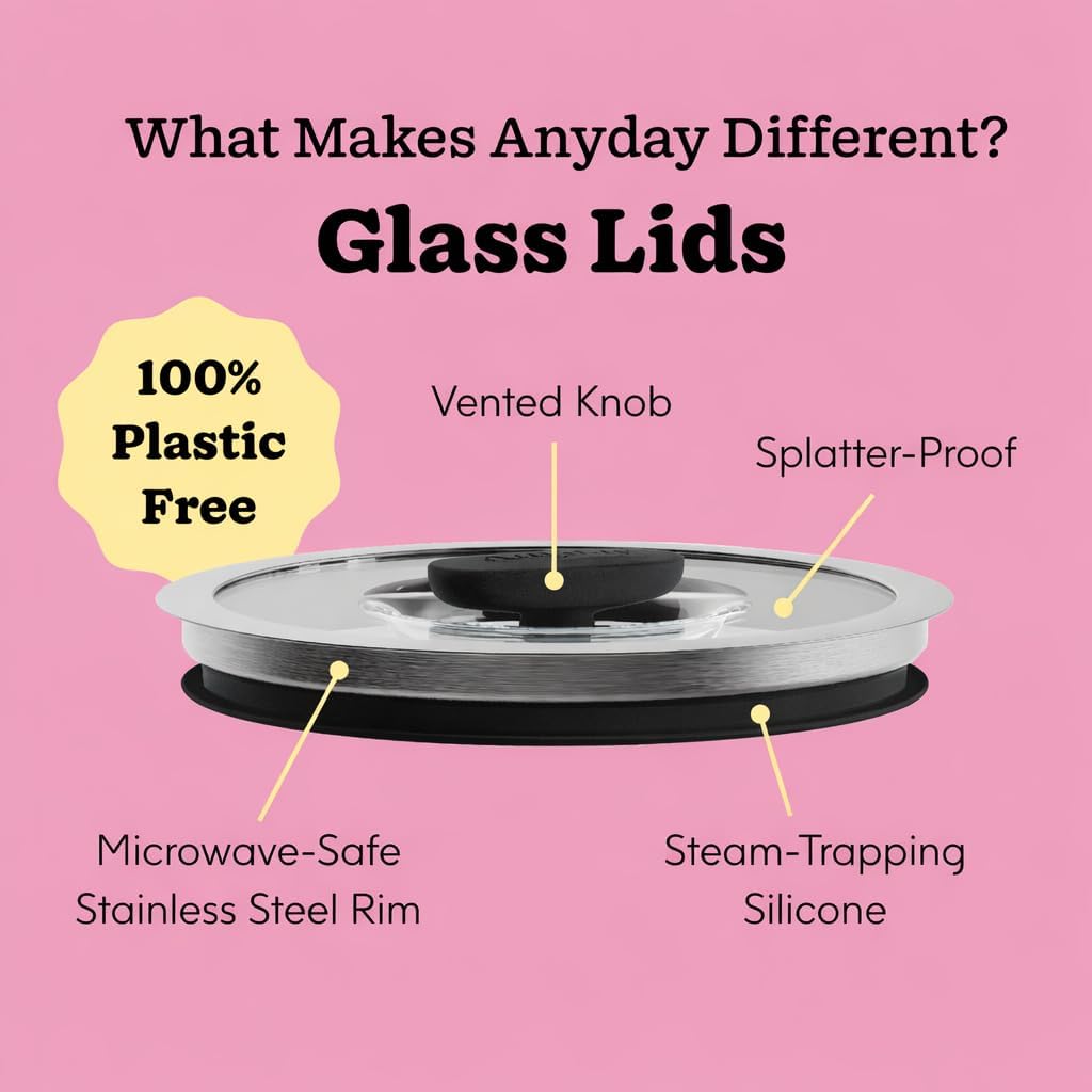 Anyday Onyx Collection 4-Piece Large Microwave Cookware Set | Glass Food Storage with Glass Lids | Plastic-Free Meal Prep | Microwave Steamer & Stackable Airtight Storage Container with Vented Lid