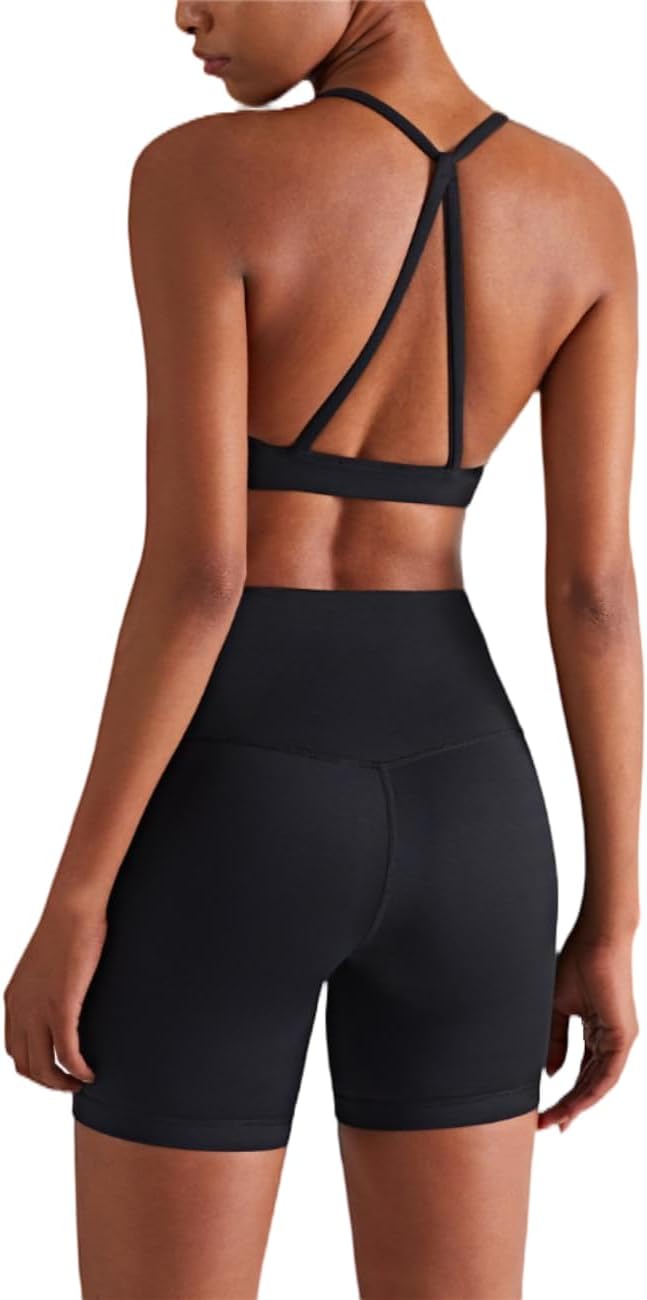 AMRIY Women's Sports Bra Light Support Criss Cross Back Thin Straps Removable Pads Yoga Workout Bra