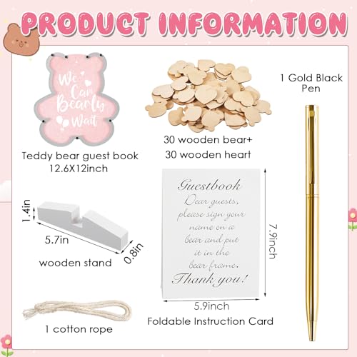 Image of Kosiz We Can Bearly Wait Acrylic Baby Shower Guest Book Alternatives Decorations with Wooden Hearts for 60 Guests Baby Shower Sign Picture Frame Pregnancy Keepsake Edition for Soon to Be Mom (Pink)