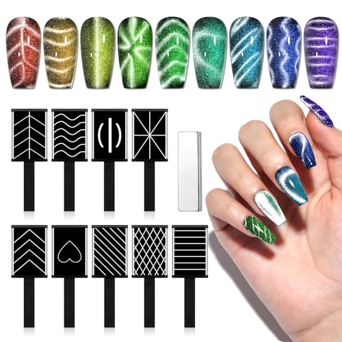 SAVILAND Cat Eye Magnet for Nails: 10PCS CatEye Gel Nail Polish Strong Nail Magnets Set 1000＋Styles Creation Magnetic Wand Quicker DIY Nail Art Tools for Enthusiasts Technicians Salon Home Studio