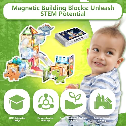 Magnetic Tiles Marble Run STEM Building Set 3D Educational Construction Kit Learning Stem Sensory Stacking Toys Birthdays Gifts Classrooms Game for Kids Ages 3-8 (64Pcs Dinosaur Theme) - Image 5