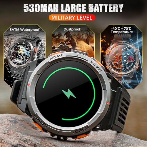 KE5 Military Smart Watch for Men with Flashlight SOS 3ATM Waterproof Watch 530mAh Big Battery 1.45" Rugged Tactical Smartwatch with Compass Elevation Barometer Fitness Watch for iPhone Android - Image 6