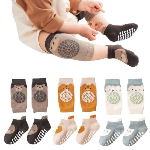 Mezrkuwr 3 pares de rodilleras para bebé y 3 pares de calcetines para gatear, set antideslizante con puntos de goma, protectores de rodillas para niños pequeños de 0-12 meses, lindos patrones de