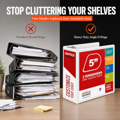 Image of 3 Ring Binder, Professional D Ring 5 Inch, Presentation Folder for Standard Pages 8.5 x 11 with Pockets, Crystal Clear View White (4 Pack)