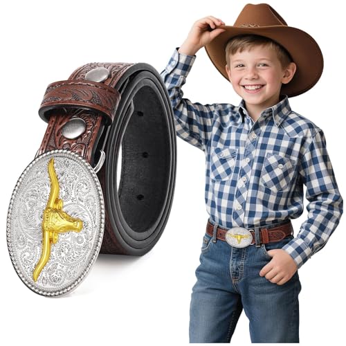 Kids Western Belt for Boys Girls Embossed Cowboy Cowgirl Genuine Leather Kid Western Buckle Belts for Jeans Gifts