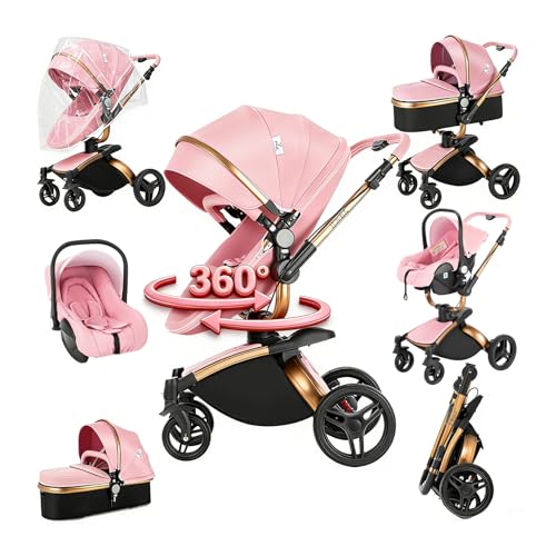 Prokoke PU-Leder Kinderwagen 3 in 1, Buggy mit Verstellbarem Sitz mit 360°-Drehung, Kinderwagen mit Rahmen Aluminiumlegierung, Kombikinderwagen 3 in 1 mit Einem Klick Faltbar Design (906 Pink)