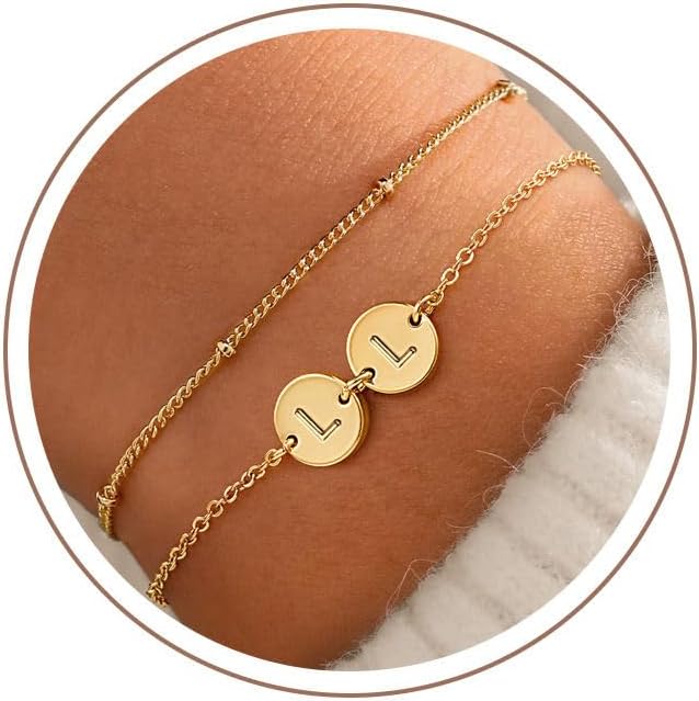 Turandoss Initial Bracelets for Women Girls Trendy, Dainty 14K Gold Plated 2 Initial A-Z Disc Stacked Layered Bracelet Set Personalized Friendship Birthday Gifts Jewelry for Daugther Girls