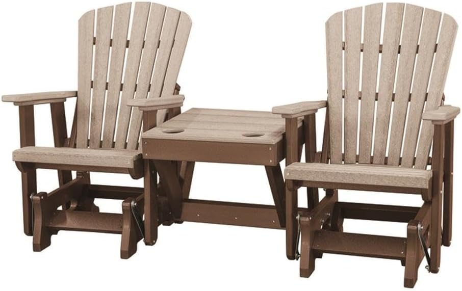 Pemberly Row Coastal Outdoor Poly Resin Double Glider, Weatherwood and Tudor Brown Finish, 76 in Wide with Center Table and Cup Holders, Contoured Seats, Heavy Duty, Relaxing Patio Furniture