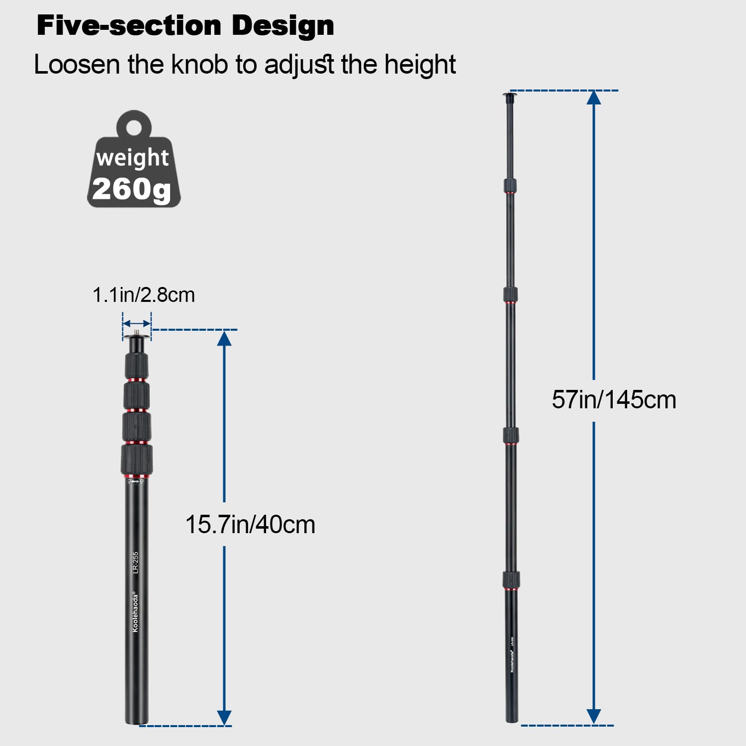 Koolehaoda Extension de trépied en aluminium de 145 cm - Tube d'extension de colonne centrale - 5 sections - Tige télescopique avec vis de 6,35 mm - Compatible avec trépieds/cardan/appareil photo