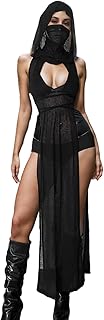 Aucute Women Goth Sheer Dress, Mock Neck Sleeveless Rave High Slit Dress with Hooded, EDM Music Festival Outfits