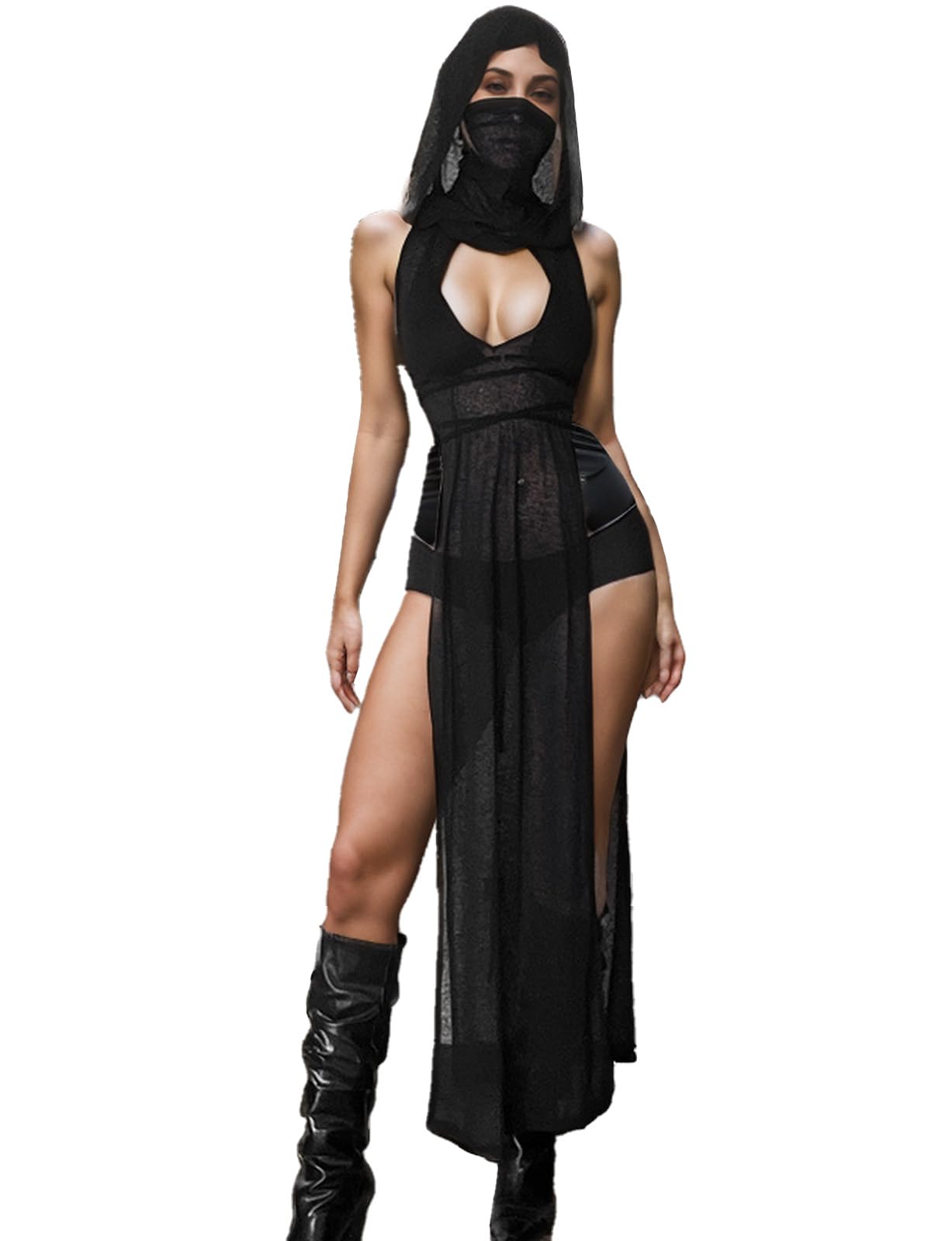 AucuteWomen Goth Sheer Dress, Mock Neck Sleeveless Rave High Slit Dress with Hooded, EDM Music Festival Outfits