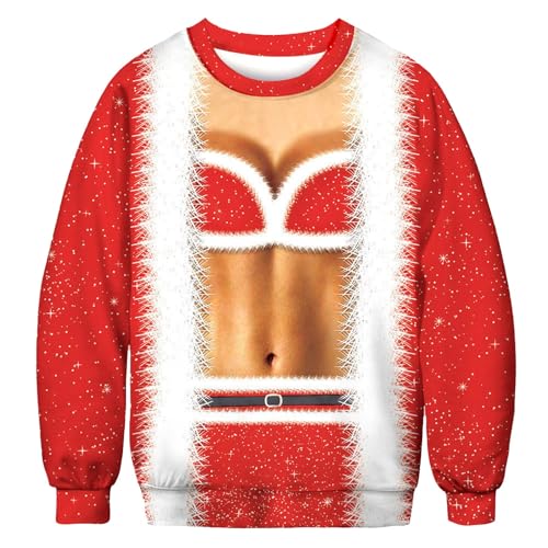 Kuiazelit Pull de Noël moche et amusant pour homme – Chandail de Noël 3D musclé sur la poitrine pour femme – Pull de Noël fantaisie à manches longues et col rond, rose vif, M
