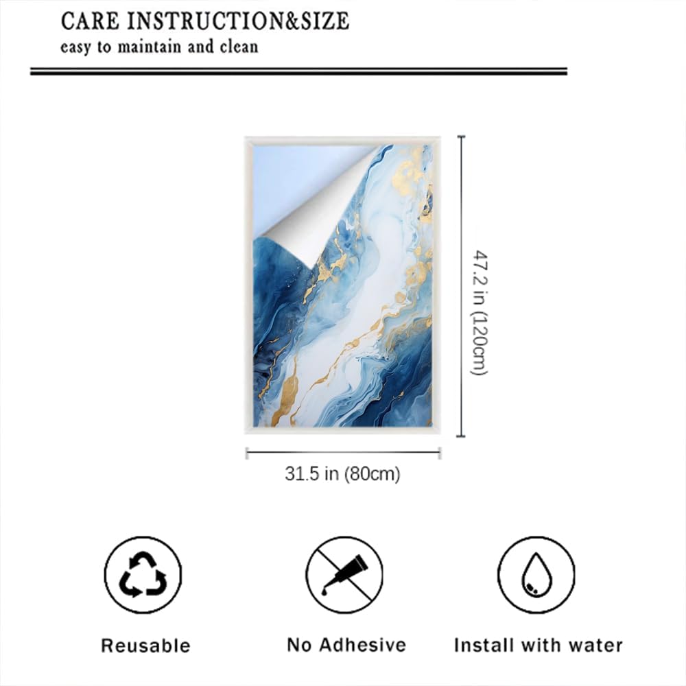 Beautiful Marble Texture Privacy Window Film Blue Gold Fluid Abstract Modern Stained Glass Window Coverings Adhesive Sticker Frosted Window Film for Home Office Stores 31.5Wx47.2L inch
