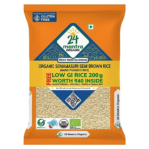 Image of 24 Mantra Organic Sonamasuri Raw Rice Semi- Brown Handpounded Promo 5kg Pack with FREE Low GI 200gm
