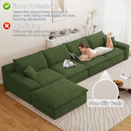 Image of 136 inch Cloud Couch Modular Sectional Sofa for Living Room, L-Shape Boneless Couch with Deep Seat, Modern Corduroy 6-Seater with Ottoman, No Assembly Required,Green