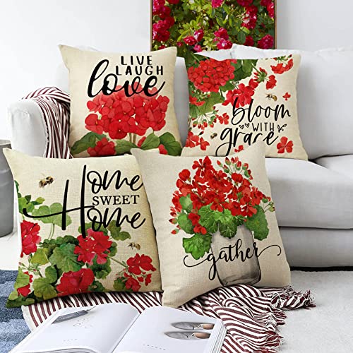 Red Geranium Flower Throw Pillow Covers Set of 4 - 56% Off