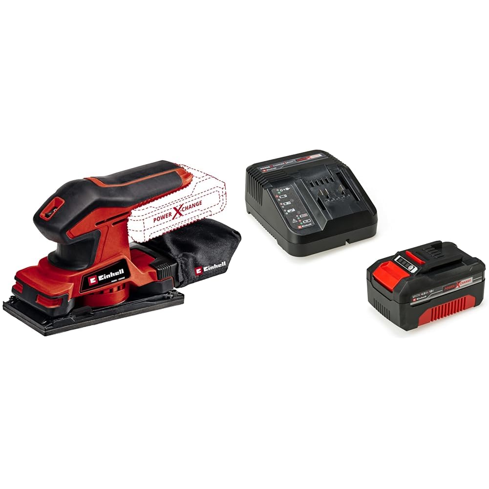 Einhell Lijadora orbital a batería - TC-OS 18/187 Li Power X-Change, superficie Lijado 187x97 mm, círculo oscilante 2 mm, micro-velcro, incluye 1 papel Lija y 1 batería de 4.0Ah y cargador individual