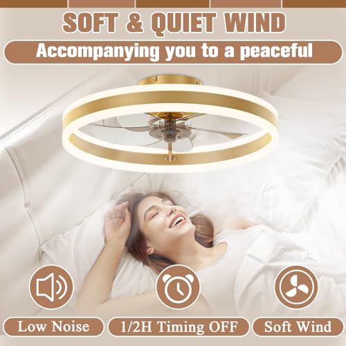 Image of VOLISUN Low Profile Ceiling Fans with Lights and Remote, 19.7in Flush Mount Ceiling Fans with Light, 3000K-6500K Dimmable Fandelier LED Fan Light, Gold Bladeless Ceiling Fans with Lights for Bedroom
