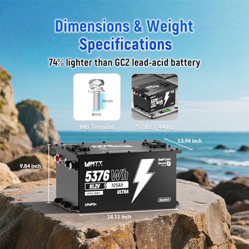 Image of WattCycle 48V 105Ah LiFePO4 Golf Cart Battery with 15A Charger, 48V Lithium Battery 250A Smart BMS, IP65 Waterproof Metal Case, 15000+ Cycle Life, Built-in Bluetooth, Ideal for RV, Solar Systems